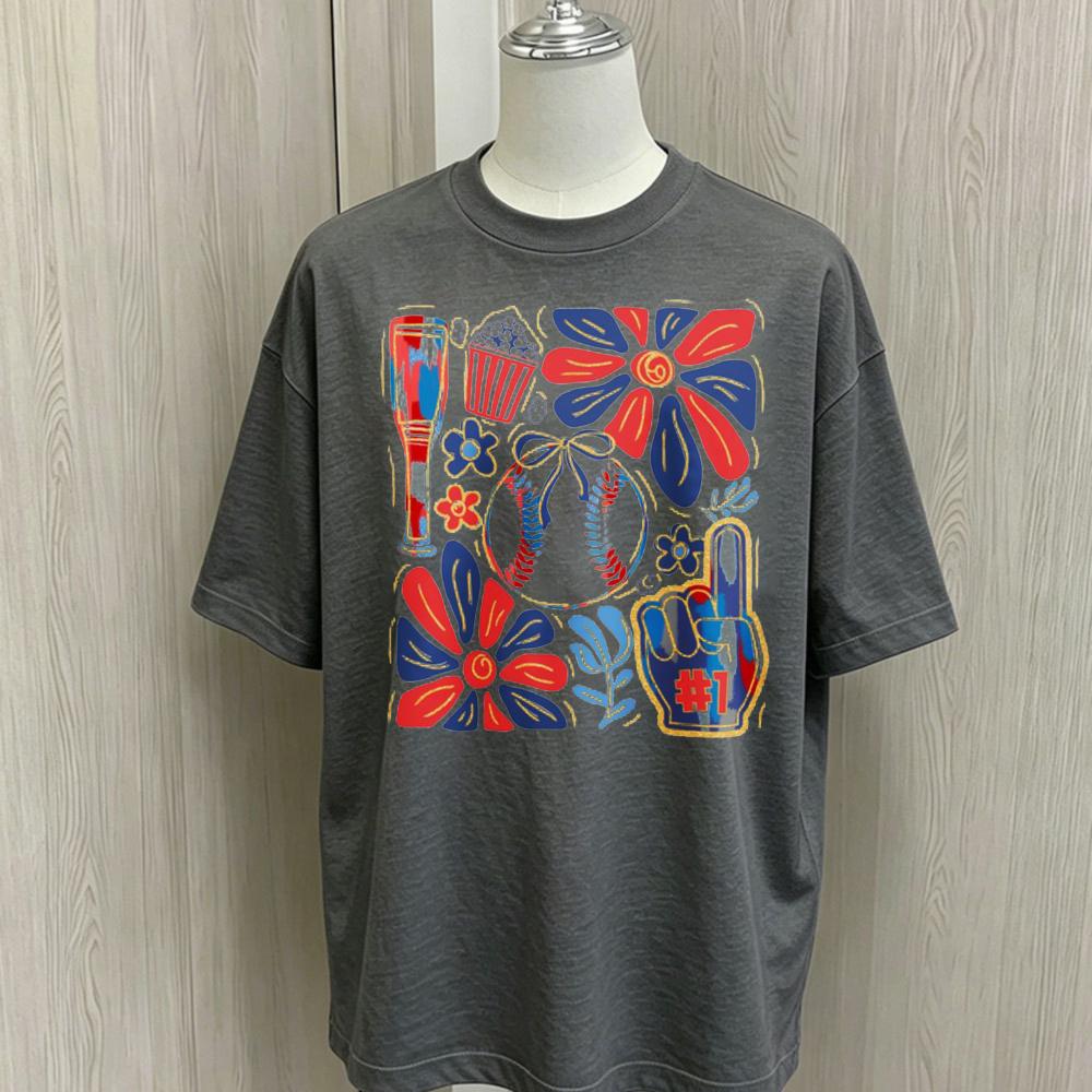 Baseball Game Day Floral Collage Graphic T Shirt Unisex Oversized Loose Cotton Short Sleeve Tee Retro Sport Flower Print