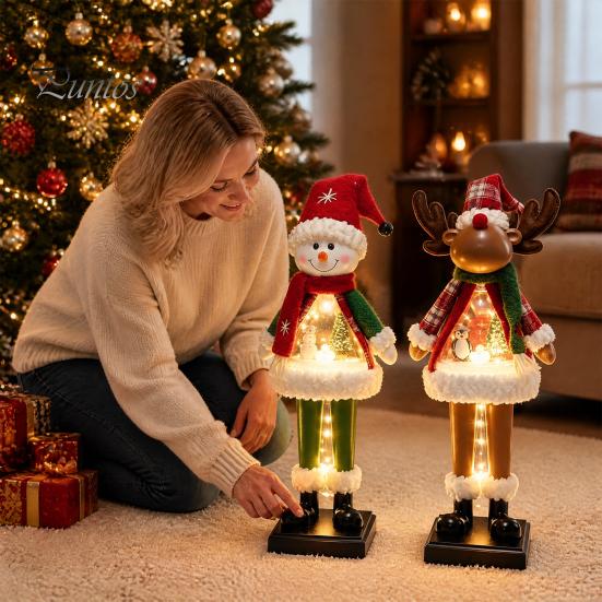 Christmas Village Display Pieces LED Lighted Figurine, Swirling Glitter Santa Claus Elk Snowman Unique Presents for Friends Decoration with
