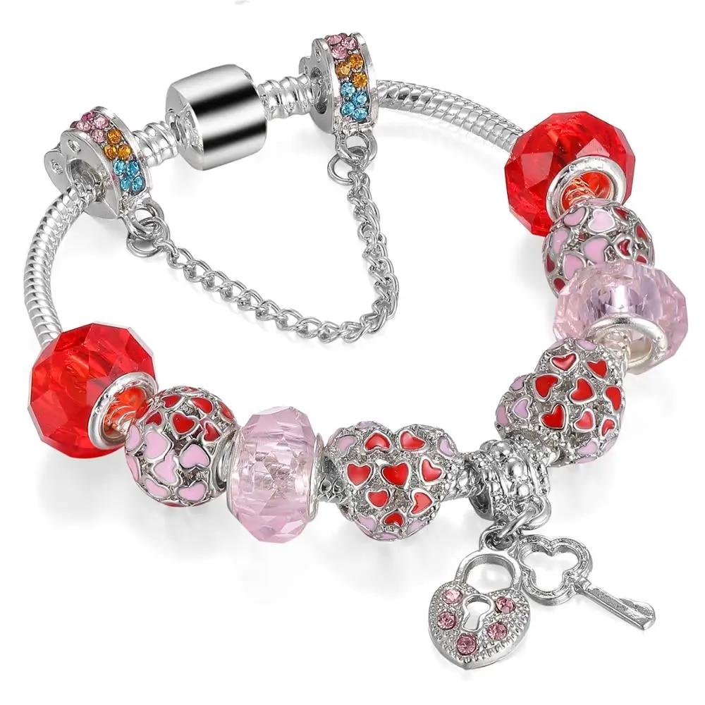 Mode Antik Silber Überzogene Pa Armbänder & Armreifen Kristall Herz Charme Perlen Armband für Frauen DIY Original Schmuck Geschenk