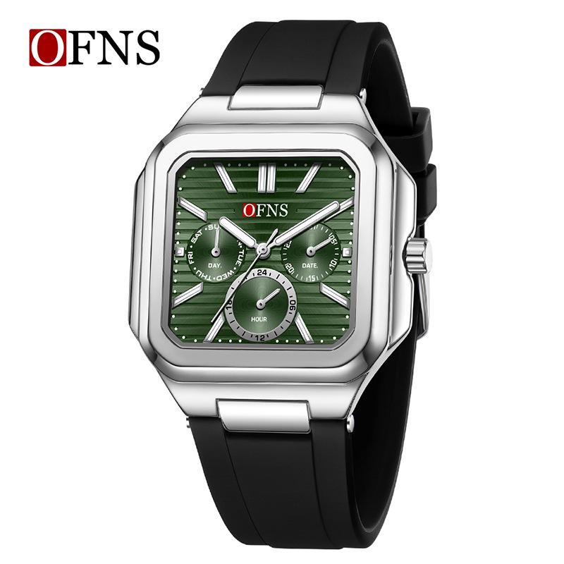 OFNS Six-Hand Men's Square Quartz Watch: Luminous, Day-Date, 30M Waterproof, Silicone Steel Band, Hot Seller