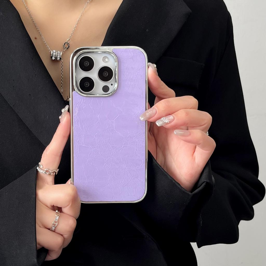 16 Glossy Leather Pattern Electroplating Frame Mobile Phone Case Is Suitable for Apple 15PROMAX Creative 14 Trend 13 Large Holes 12 Stickers