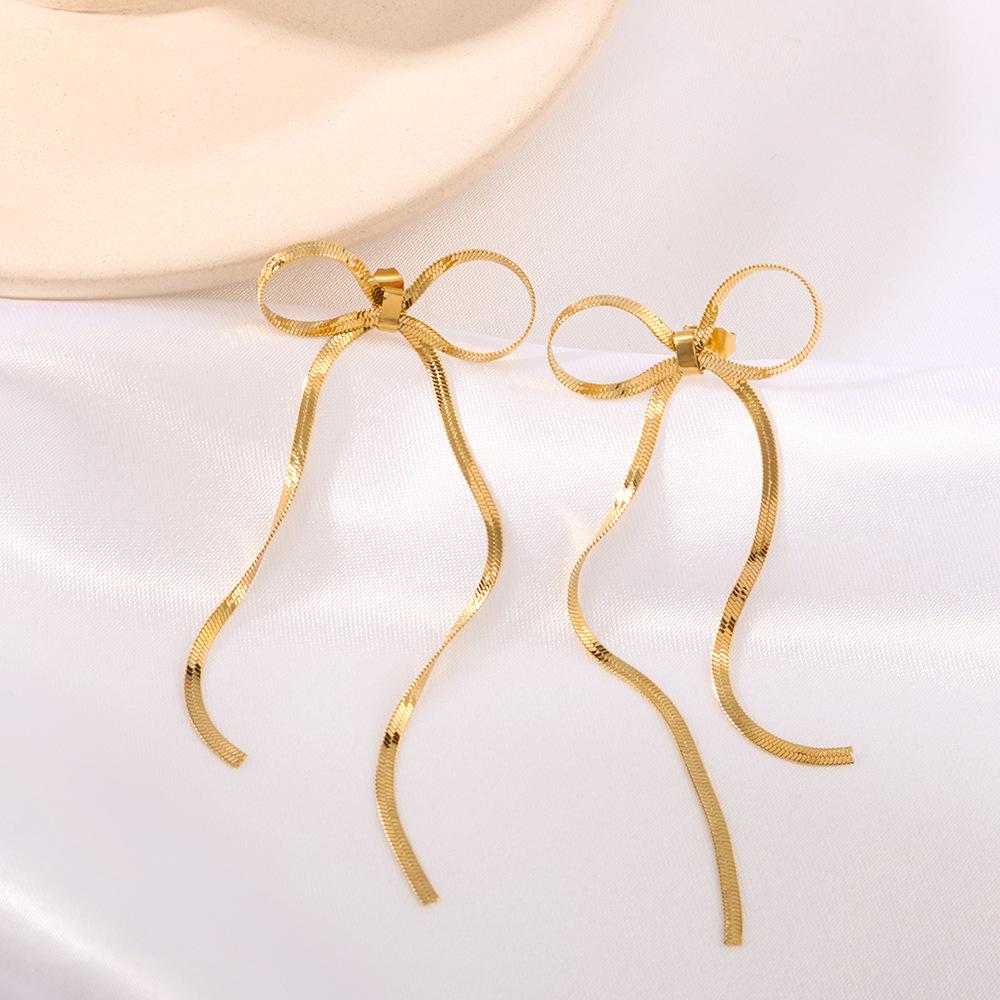 Gold Color Snake Chain Bowknot Earrings For Women Stainless Steel Drop Stud