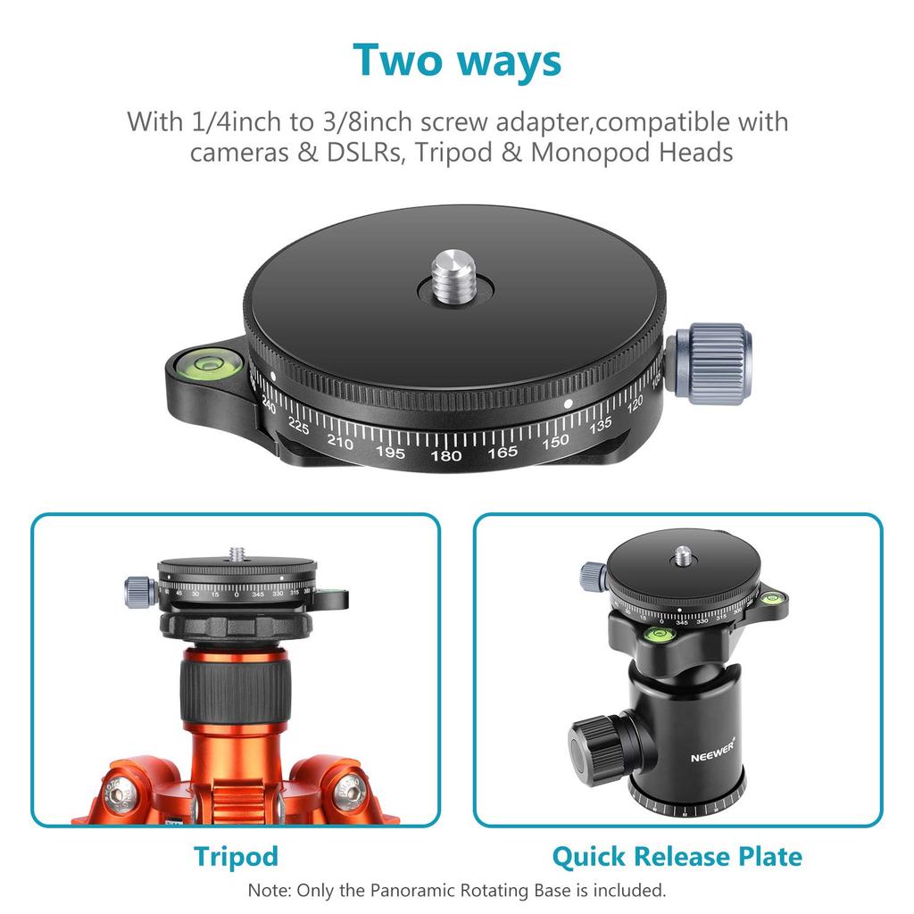 NEEWER Tête de Trépied Panoramique à Rotule en Alliage d'Aluminium pour Appareil Photo avec Niveau à Bulle Compatible avec reflex numérique Capacité de Poids lbs Base, Vis 3/8", Niveau,