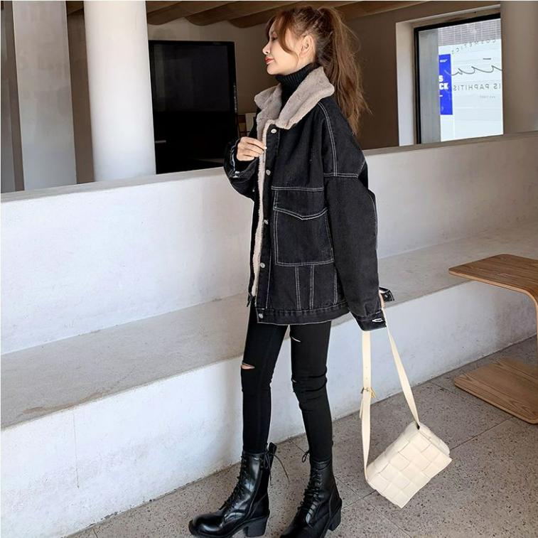 Denim Cotton-padded Jacket Women's Loose Autumn and Winter Late Autumn Plus Velvet Thick Lamb Wool Cotton-padded Jacket Women
