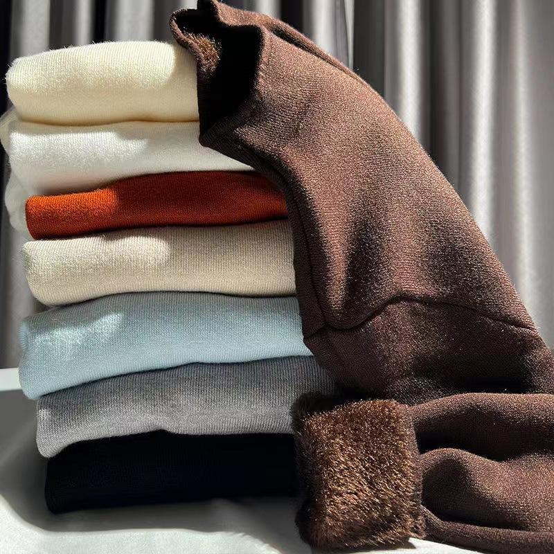 White Knitted Fleece Lined Half High Collar Sweater Women's Fashion Autumn Winter Inner Wear Base Shirt Integrated Fleece Top