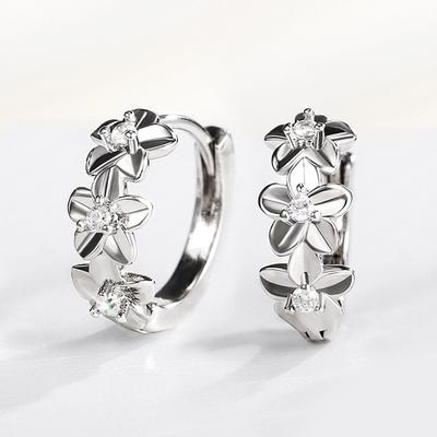 Vertical Triple Five-Petal Flower Shape Clear Cubic Zirconia Hoop Earrings Silver Tone Spring Snap Closure Dainty Ladies Accessories