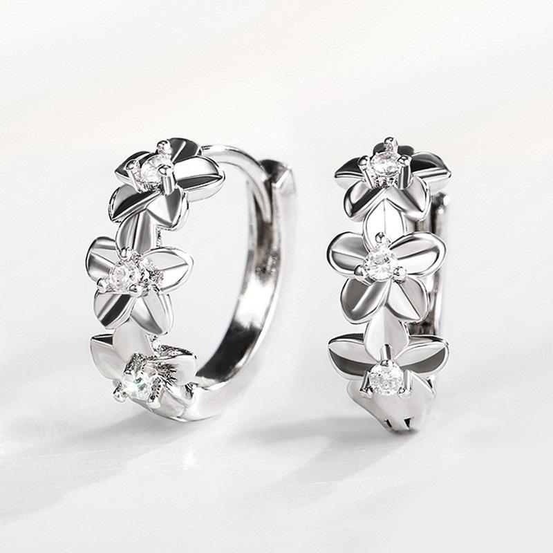 Vertical Triple Five-Petal Flower Shape Clear Cubic Zirconia Hoop Earrings Silver Tone Spring Snap Closure Dainty Ladies Accessories