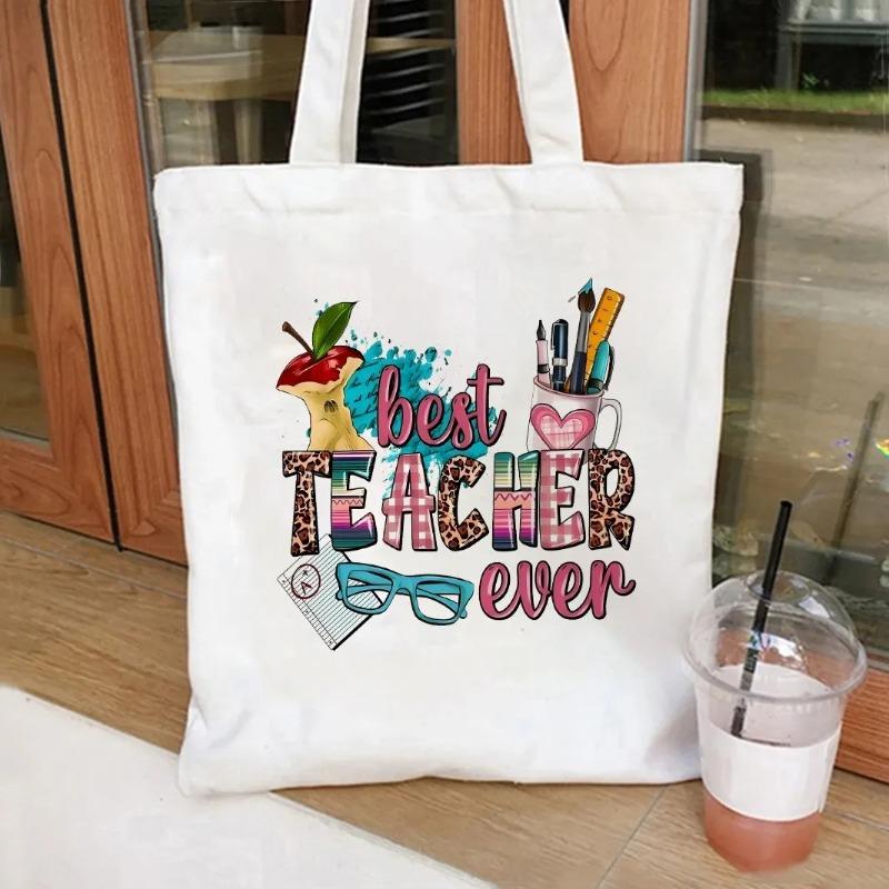 Retro Canvas Tote Bag Inspirational "Teachers Change The World" Large Capacity Handbag for Shopping Travel Women's Shoulder Bag