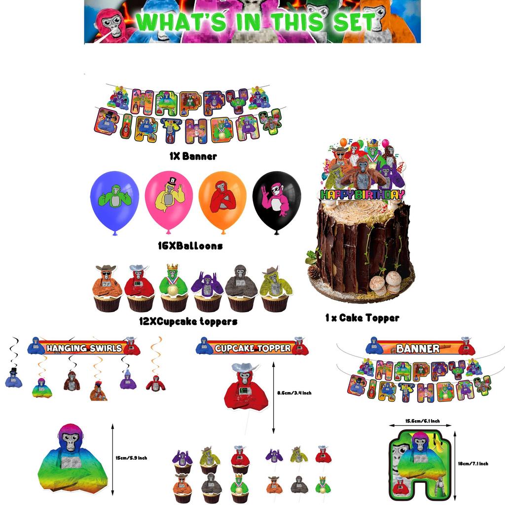 Gorilla Tag Birthday Party Decoration Set Spiral Balloon Arrangement With Cake Topper And Flag