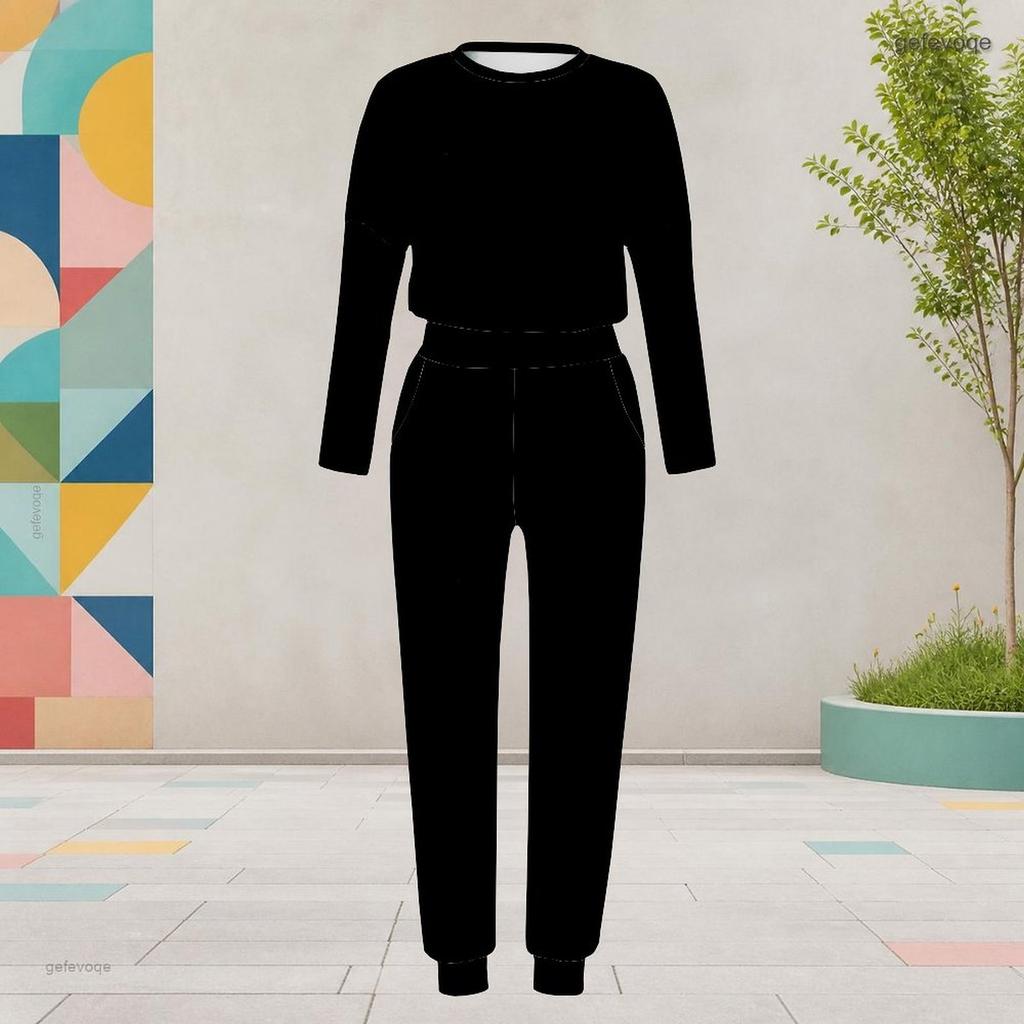 Women Plus Size Round Neck Long Sleeve Printed Two Piece Set Cuffed Top Cuffed Pants With Pockets