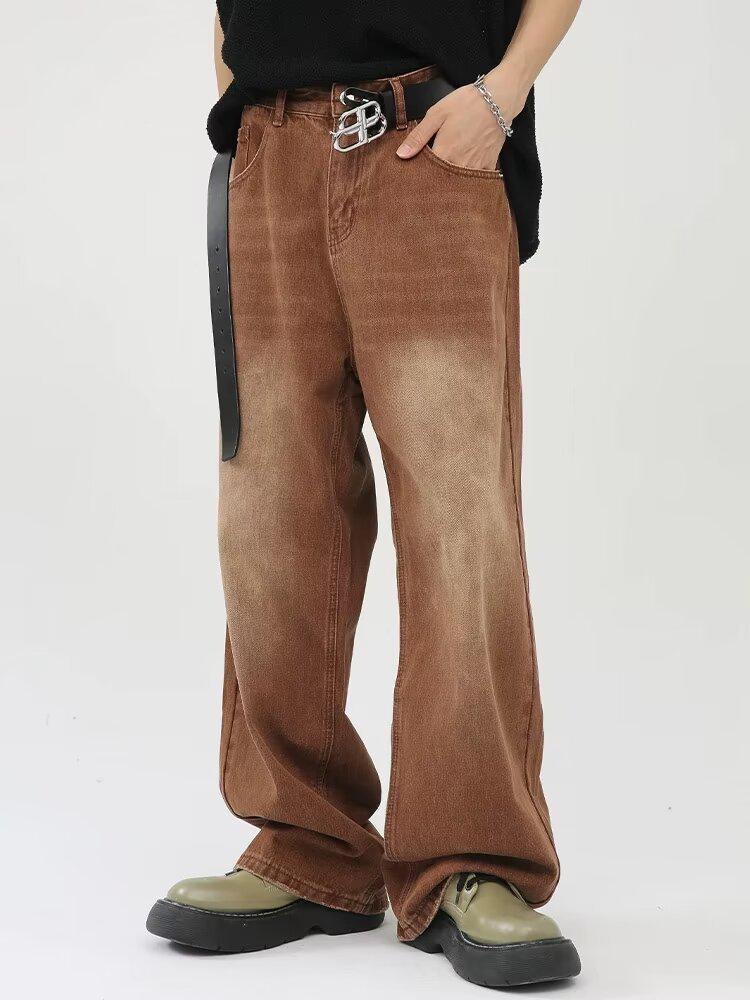 Bruine Jeans: Losse Afslankende Hoge Taille Rechte Wijde Pijpen Broek voor Peer Vormen