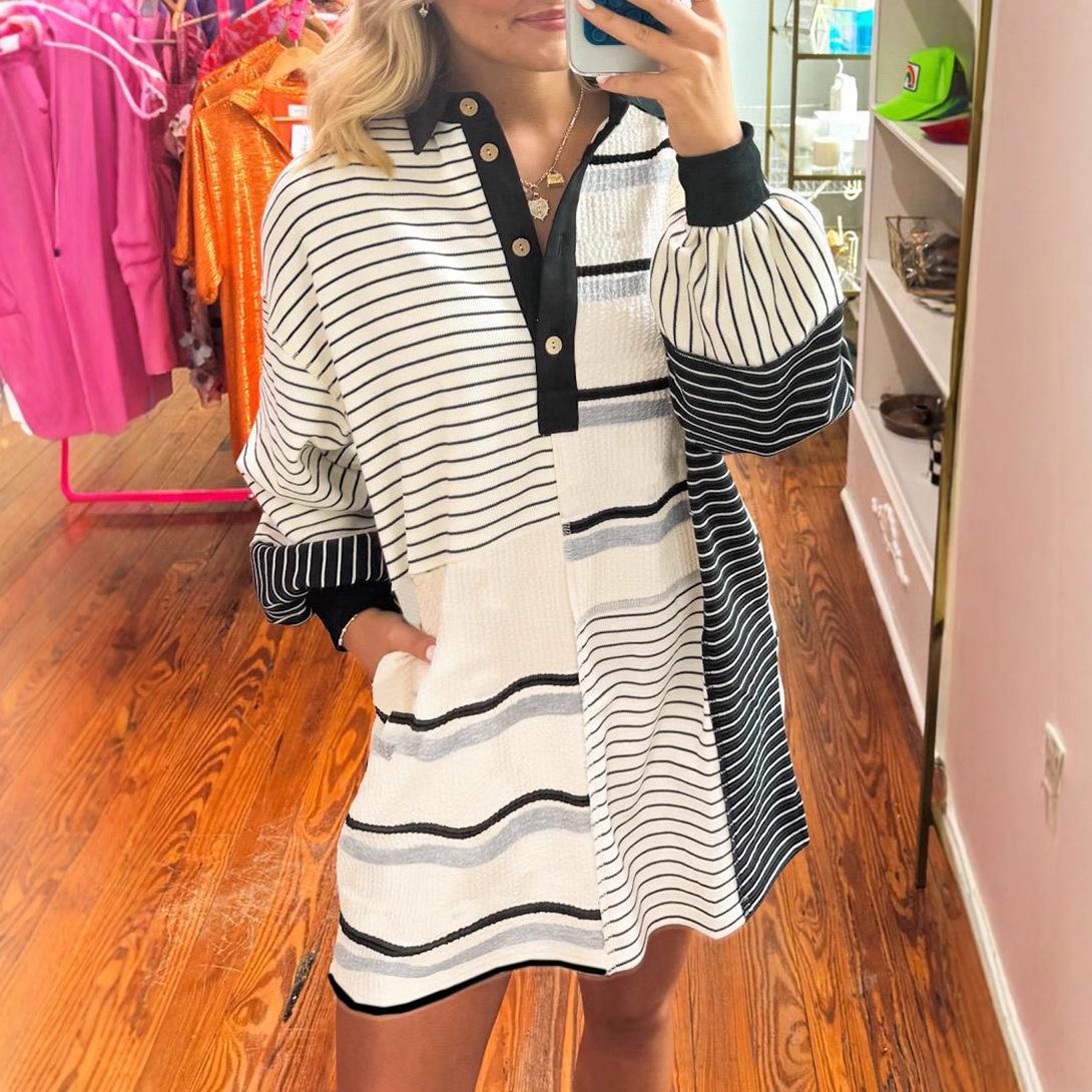 

Shiying European-American Casual High Waist Striped Color Block Knitted Dress M