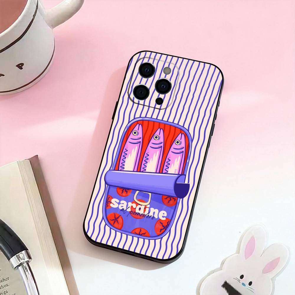 Sardines Fish Art Phone Case For iPhone 17,16,15,14,13,12,11 Plus,Pro Max,Soft Silicone Black Cover