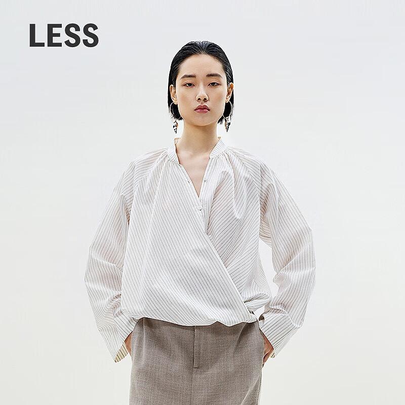 LESS 2025 Summer New Stand-Collar Long-Sleeve Striped Shirt M