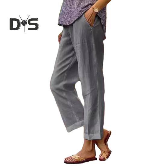 Women Pants Mid-rise Elastic Waist Leisure Pants Solid Color Straight Wide-Leg Casual Pants with Pockets