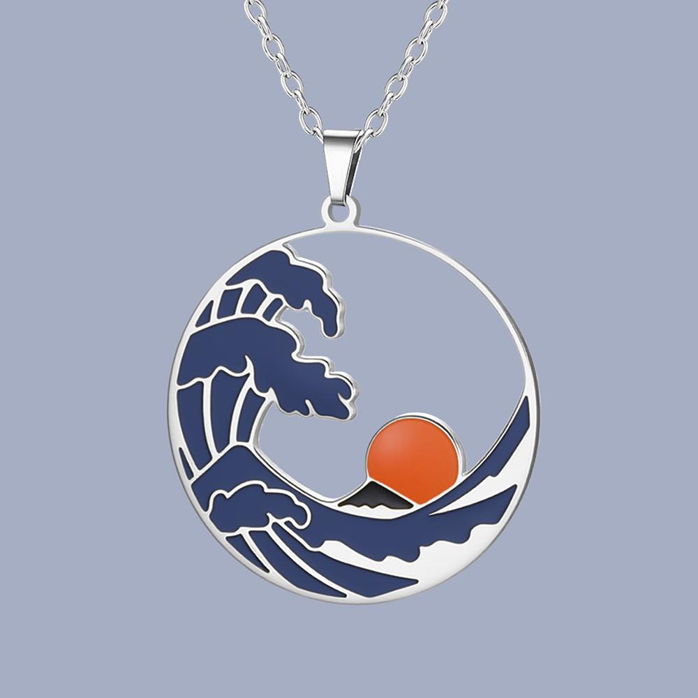 Dawapara Sun Ocean Wave Necklace Sunset Enamel Pendant Nautical Jewelry Stainless Steel Ocean Lovers