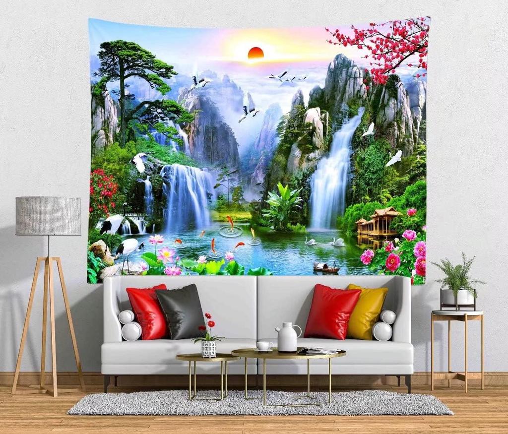 Waterfall Tapestry Backdrop Forest Landscape Tapestry Wall Hanging Lake River Natural Scenery Background Living Room Dorm Decor