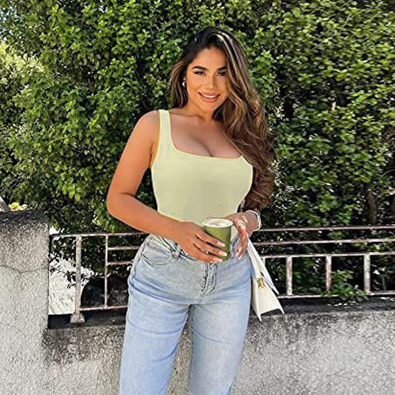 אופנת נשים וסט ללא שרוולים קיץ צבע אחיד פשוט סקסי צווארון מרובע חולצת בטן צרה ריב ספורט יוגה וסט נוח