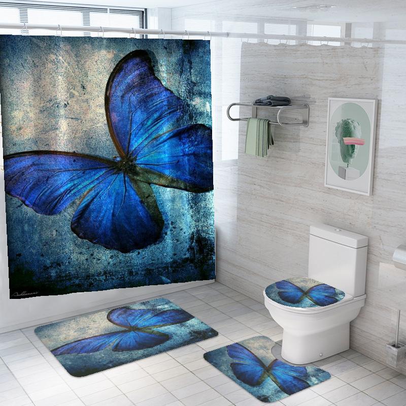 4 STK Luksus Sommerfugl Dusjforhengsett Geometriske Striper Draperier For Baderomstilbehørsett Badekarforheng Med Kroker Vanntett