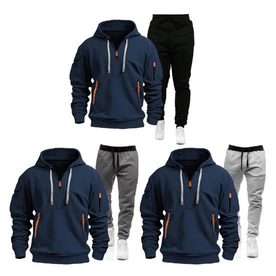 2 stuks/set Heren sportpak met capuchon, lange mouwen, trekkoorddesign, sweatshirt, joggingbroekset, atletisch trainingspak