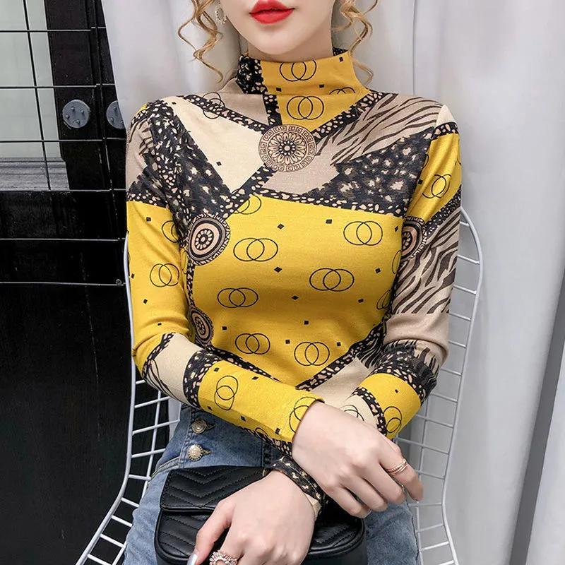 Female Autumn and Winter Printed Half High Neck T-Shirt Ladies Slim Long Sleeve Bottom Shirt