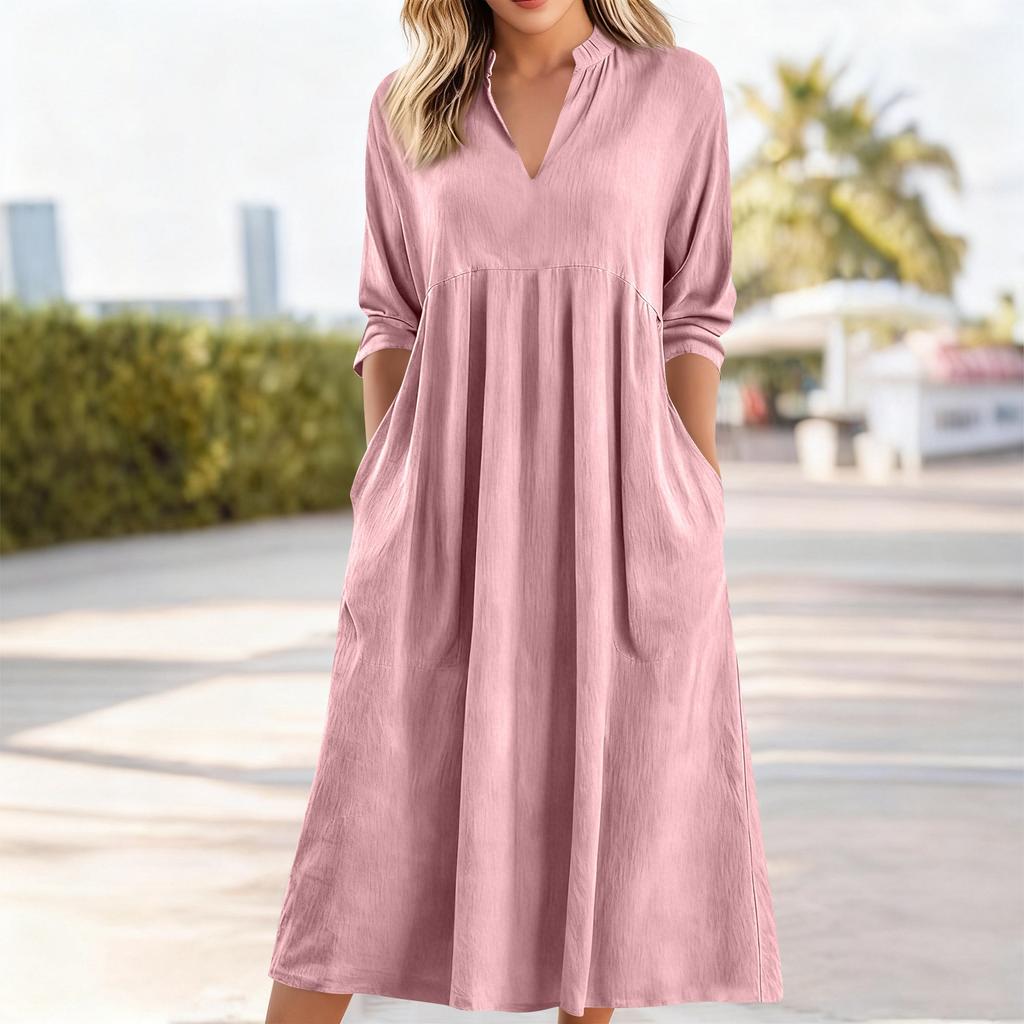 Modisches Damen Farb-V-Ausschnitt Lässiges Lockeres Retro Baumwoll-Leinen Langarm Tasche Kleid