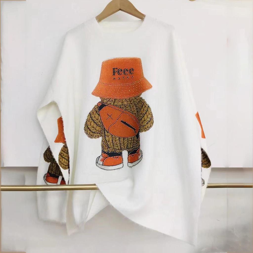 2023 Autumn/Winter Bear Rhinestone Mink Velvet Sweater - Women's Soft, High-Class Feel Printed Top