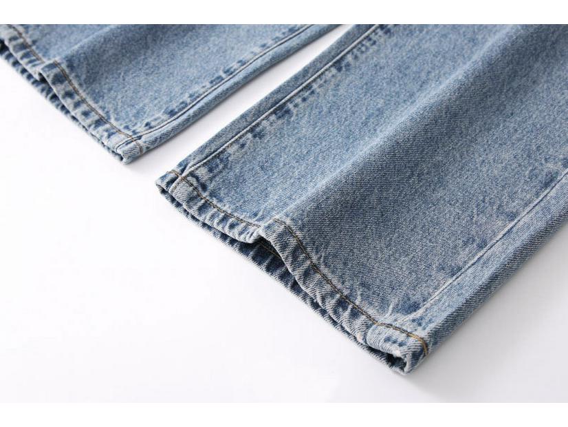 High Waist Wide Leg Jeans with Contrast Leather Patches & Floral Embroidery for Women