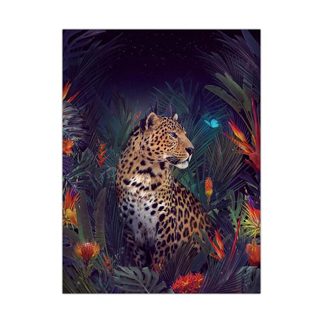 Flower with Animal Lion Tiger Deer Leopard Canvas Painting Wall Art Picture Nordic Print Poster for Living Room Home Decor No Frame
