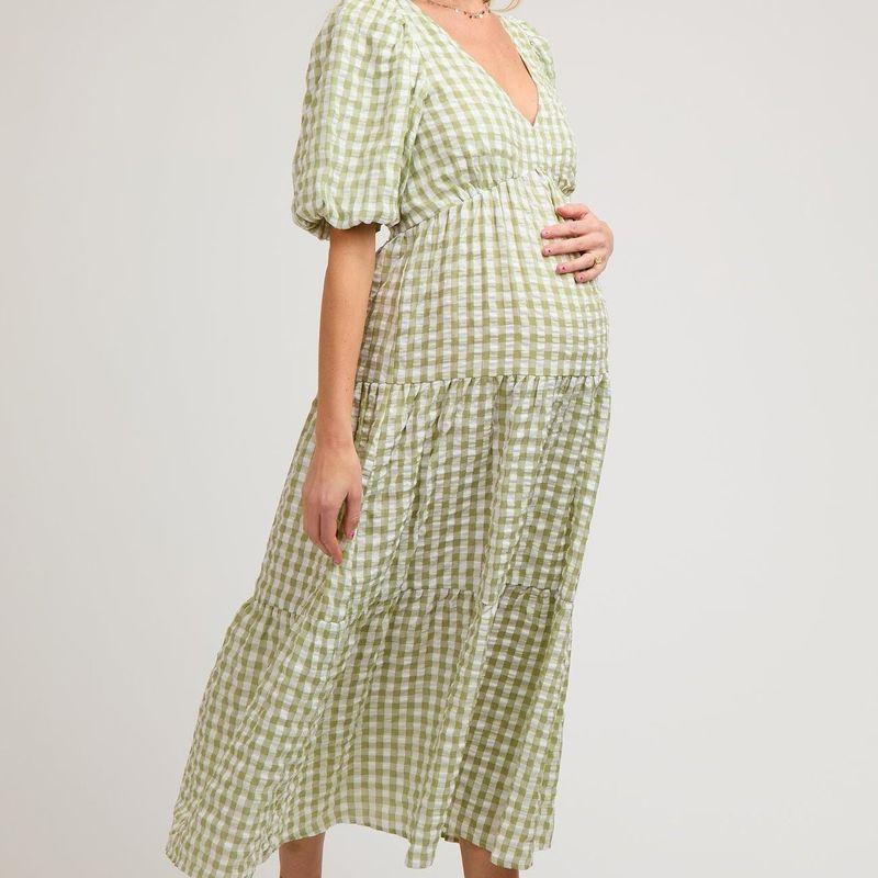 

Мода Новое поступление Модный принт Пышные рукава Открытая спина Платье на шнуровке V-образный вырез Повседневный свободный Легче всего сочетать Для беременных Green L