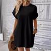 Summer Women Mini Dress Casual Loose Dolman Sleeve Round Neck Short Sleeves Side Pockets Above Knee Length Solid Color Soft Breathable Lady Dress