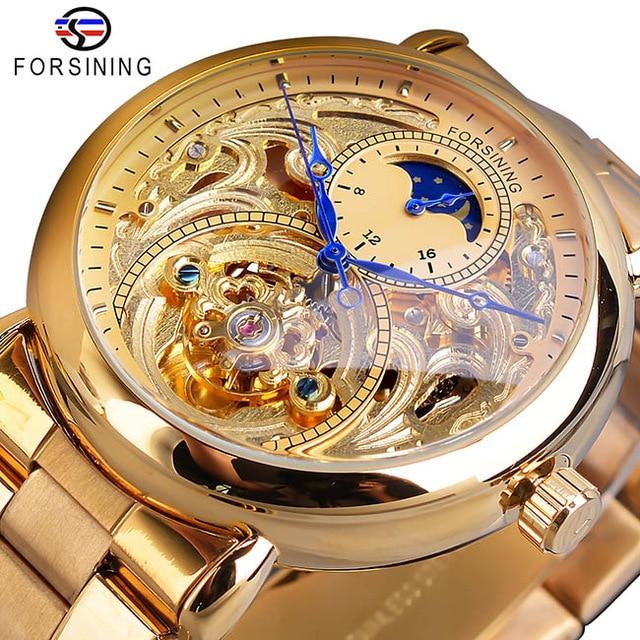 Forsining Automatic Mechanical Business Watch Mens Clock Golden Moon Phase Steel Strap Wrist Watches Top Brand