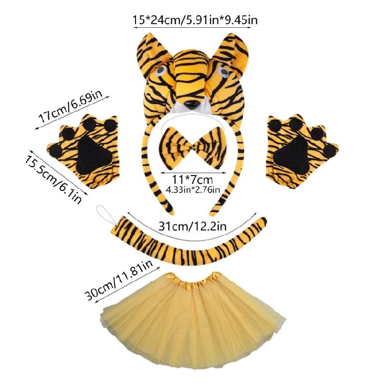 Animal Tigre Costume Accessories Halloween Cosplay Costume Tigre Ears Headband Bowtie Face Stickers Tigre Tail Tutu