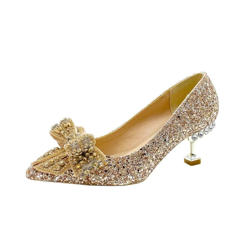 Fashion Women's Rhinestone Wedding Shoes New Year Shoes Luxury Buckle Decorative Banquet Women's Shoes High Heels Gold Silver Red