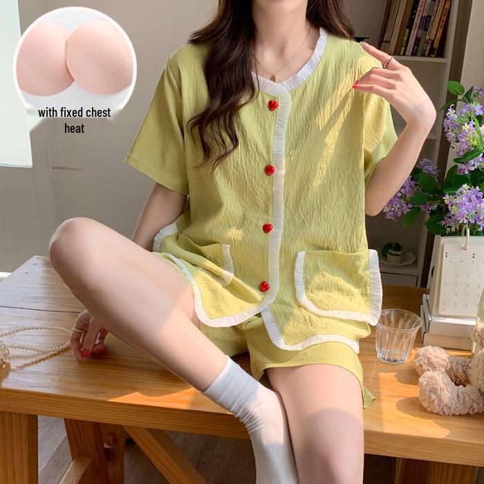 

2026 Women s Summer Pajamas: Cloud Cotton Built-in Bra, Short Sleeve Cardigan, Teen Girls Loungewear Set XL зелёный