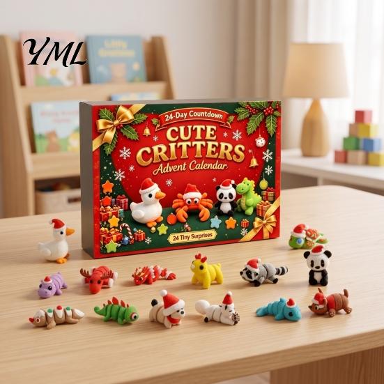 Eco Friendly PLA Toys 3D Printed Christmas Advent Calendar, 24-Day Animal Figure Countdown Box Flexible Joint Figures with Articulated Joints, Holiday