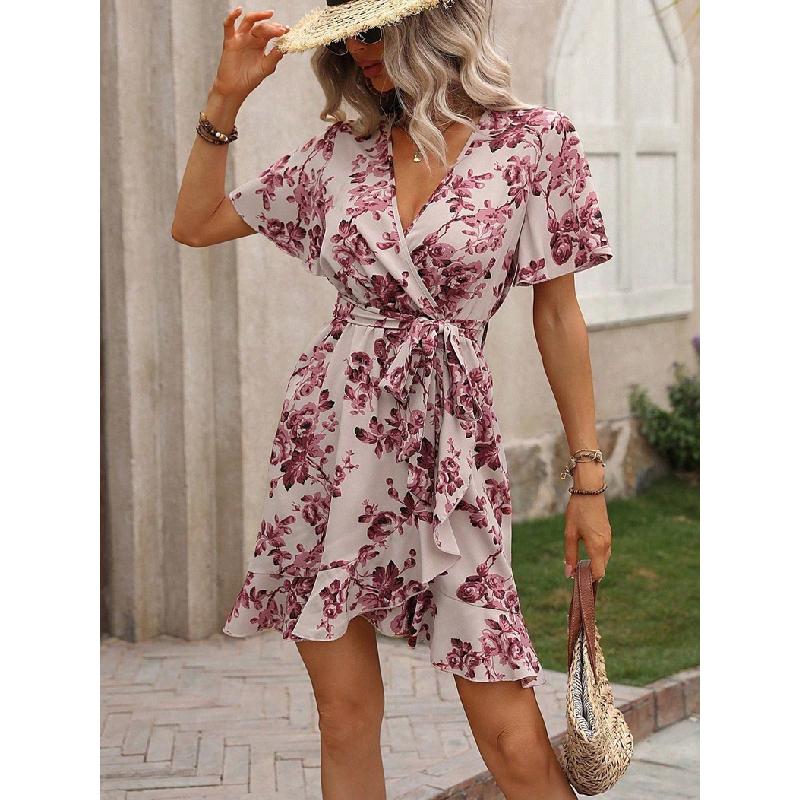 2026 Summer New Women's Fashion Printed Dress with Spotted Ruffles and Tie-Waist Design