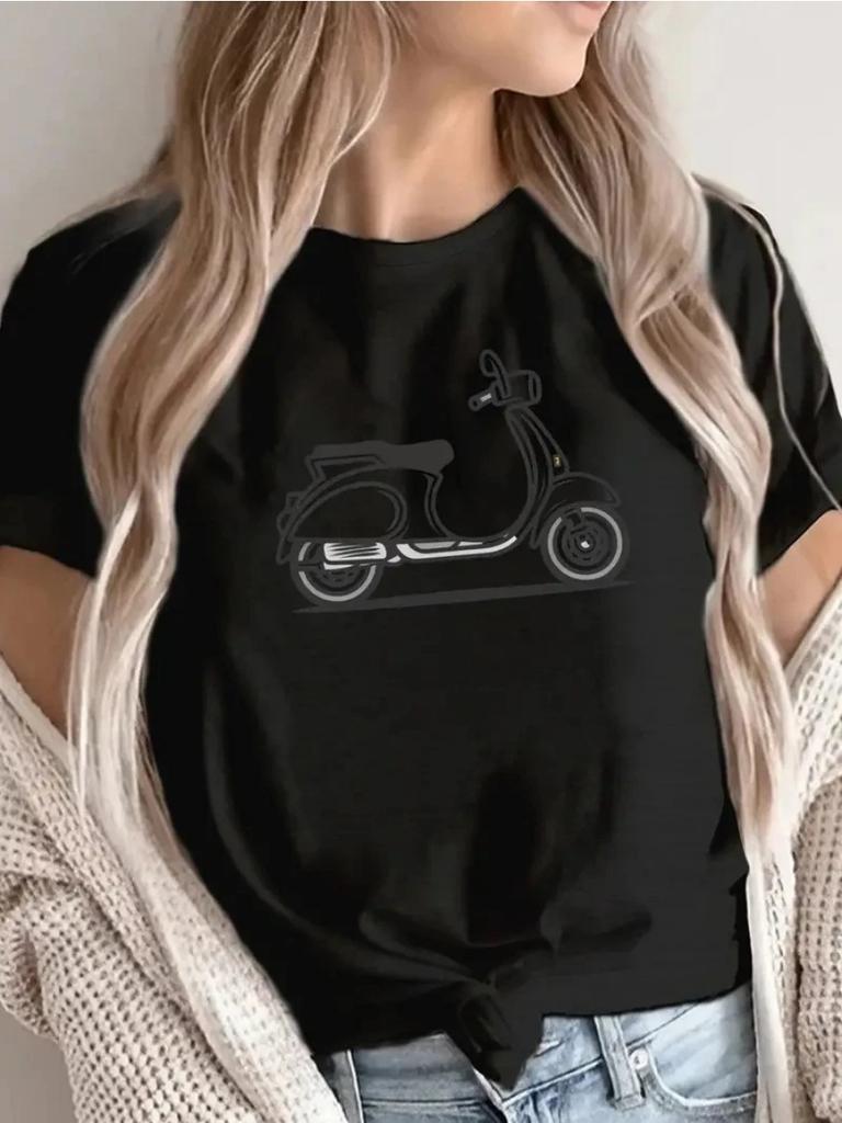 Summer Women's New Comfortable and Simple Street Style Motorcycle Pattern 3D Printed Round Neck Short Sleeved Plus Size T-shirt