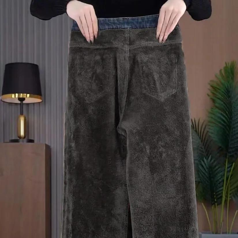 High-waisted Plus Velvet Jeans Women's Narrow Straight-leg Pants Autumn and Winter Retro Plus Size Wide-leg Trousers