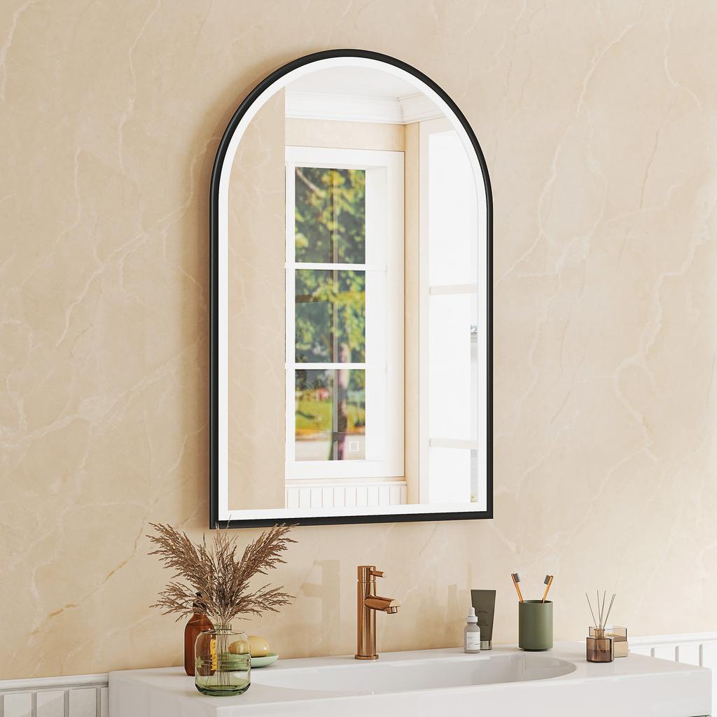 Bathroom Mirror with Lighting, 60 x 90 cm, Arched LED, Anti-Fog, 3 Light Colors, Dimmable, Black