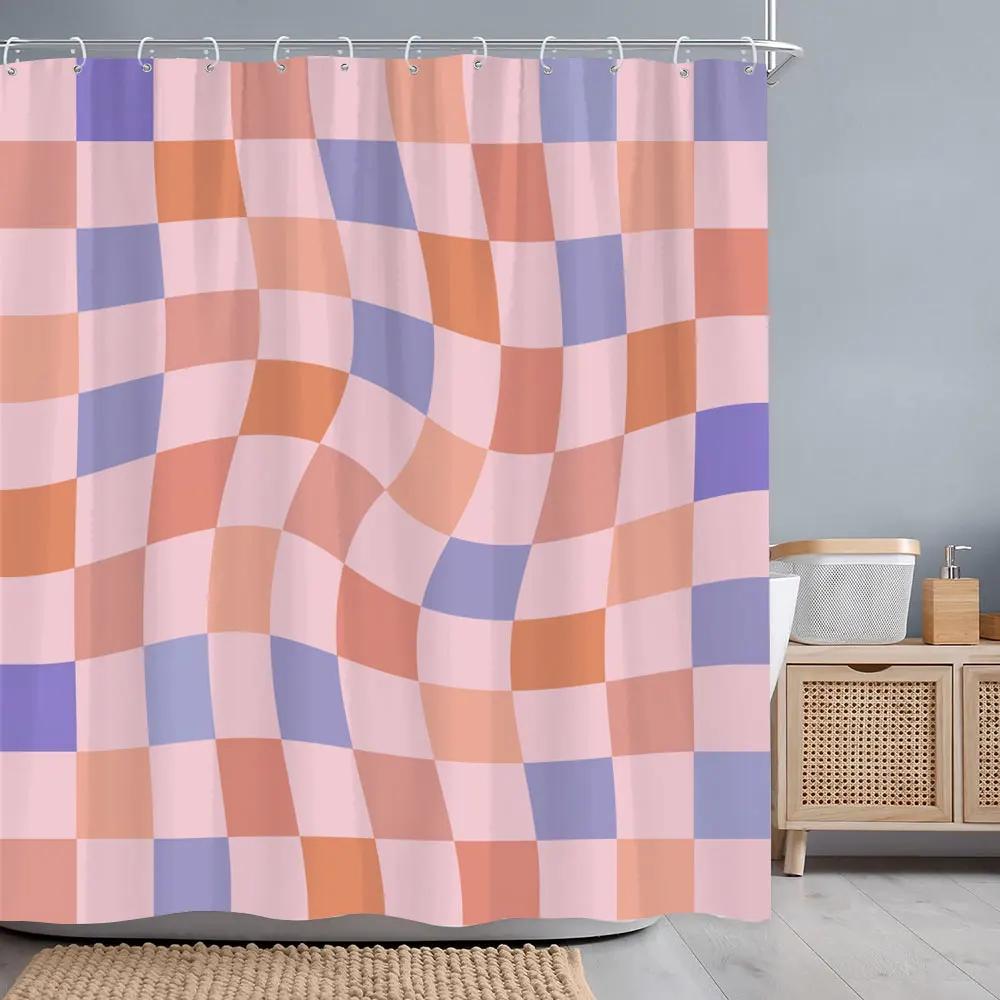 Abstract Geometric Line Square Graphic Shower Curtain Colourful Grid Polyester Fabric Shower Curtains Bathroom Decor with Hooks