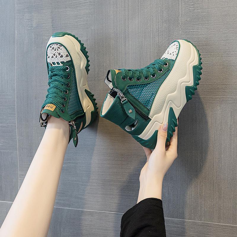 Women's summer 2025 new leather through the net dad shoes retro lightweight inner height increase casual sports shoes platform sandals
