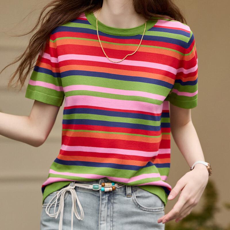 Women's Striped Color Block Knit Short-Sleeve Top