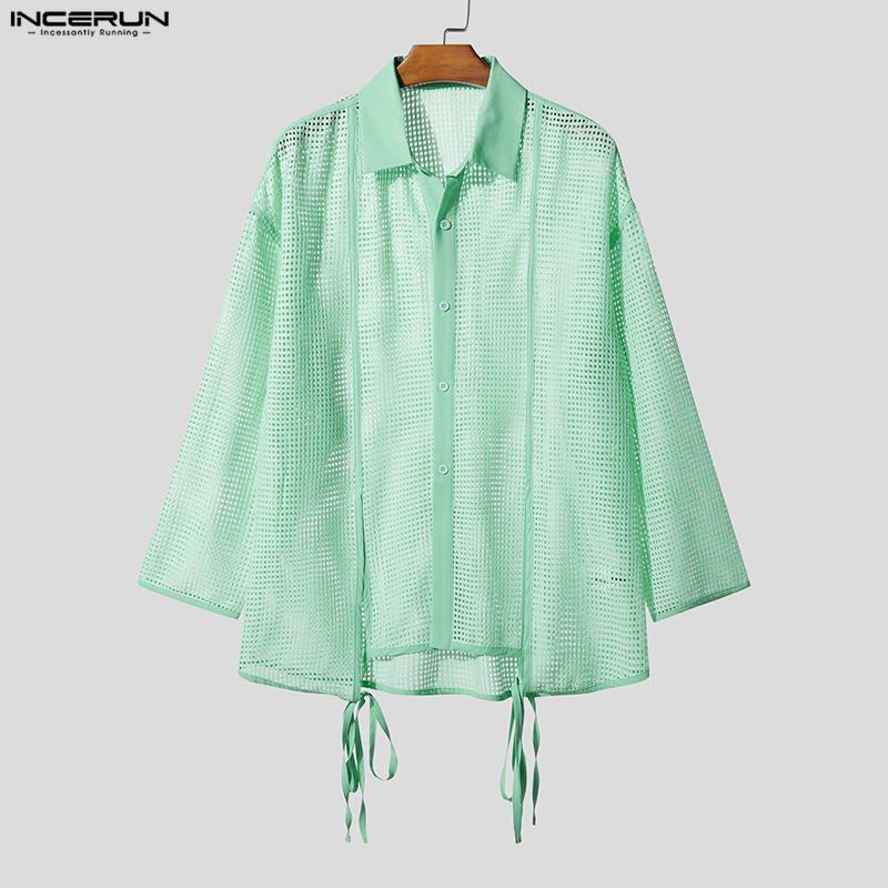INCERUN Men Lapel Neck Long Sleeve Hollow Out Fishnet Mesh Sheer Beach Shirts Tops 