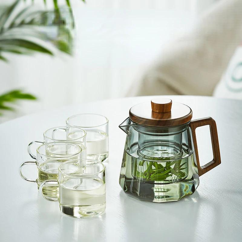 500/800ml Thickened and Heat-resistant Glass Teapot Brewing Tea Set with Wooden Lid Tea Strainer
