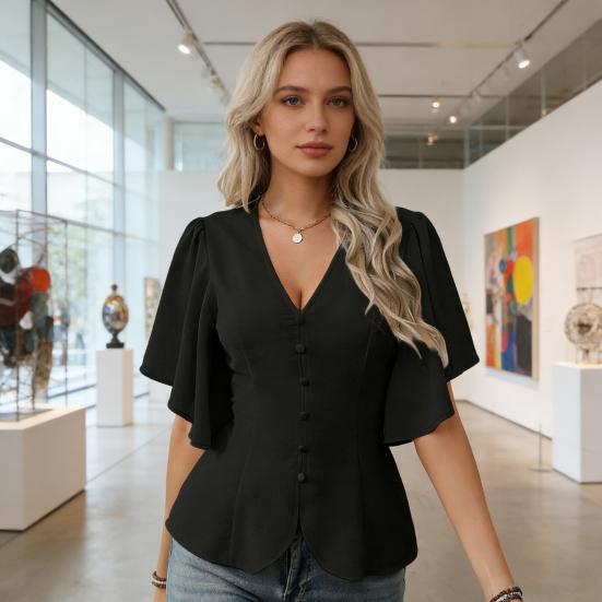 Damskie Bluzki Dekolt V Krótki Rękaw Motylkowy Jednorzędowa Koszula Miękki Elastyczny Design w Pasie Casualowa Bluzka Na Imprezę Wakacje Biuro Randkę