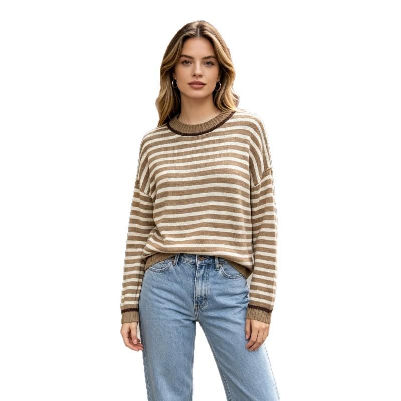 Womens Loose Fit Knit Sweater Long Sleeve Round Neck Striped Casual Pullover