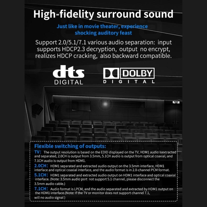 8k HDMI2.0b Audio Extractor 2 In 1 Out Switcher eARC Splitter 7.1CH DSTHD AUX Coaxial Optical DAC Decoding CEC HDCP