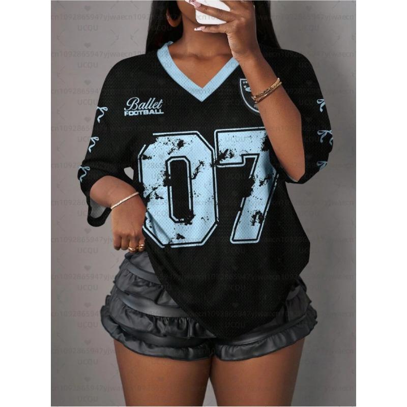 Summer Women's 3D Print V-Neck Short Sleeve T-Shirt Summer Graphic Tee Football Jerseys Plus Size Sport T-Shirt Tops