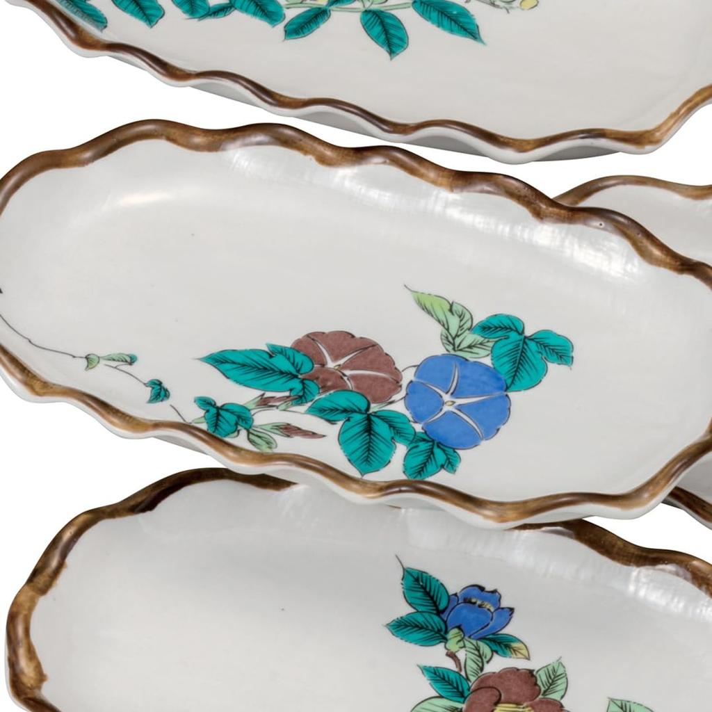 Kutani ware "Iwataya" set of 7 plates with floral and plant motifs, K8-73